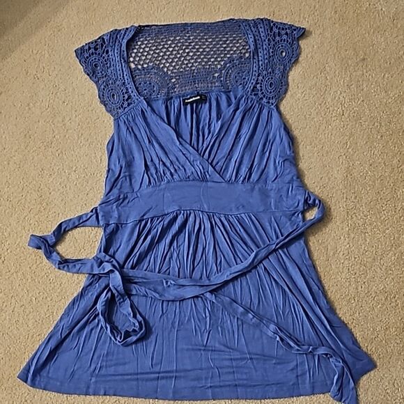 AmélieBoutik Women Crochet Lace Ruched Tie Back Sleeveless Top Blue L - Picture 7 of 11
